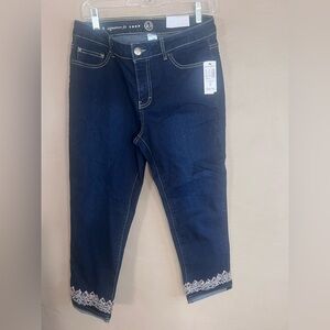 dressbarn Dark Blue Cropped Jeans with Embroidered Detail